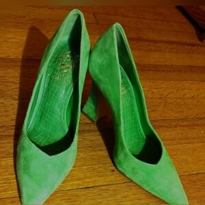 Vince Camuto Akenta Flare Heel Pumps: Basil Green Suede, Size 5.5, Spring Ready